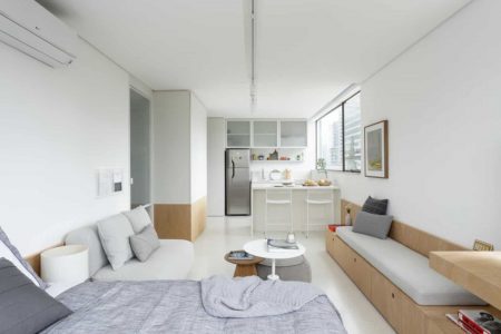 View of Image result for Minimalist kitchenSkirt Shelves installation