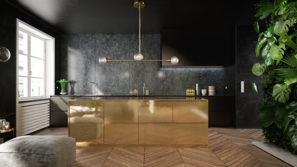 Stylish,Black,And,Gold,Kitchen,Interior, ,3,D,Render