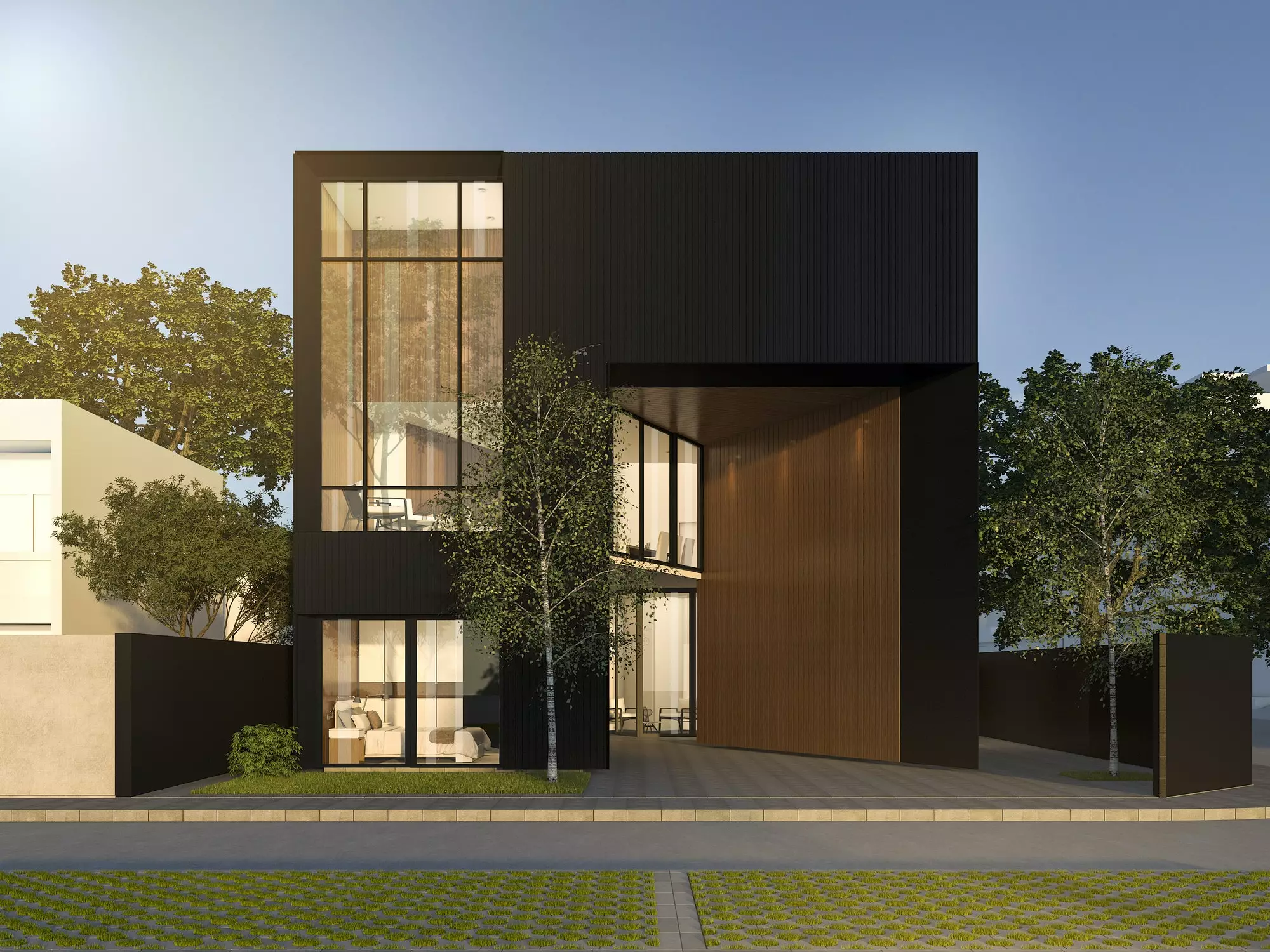 3d rendering black minimal wood and black house