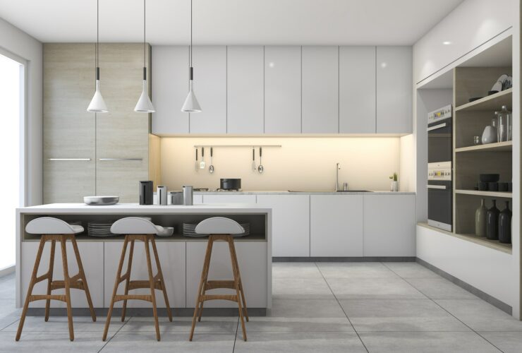 3d rendering white modern design kitchen with lamp