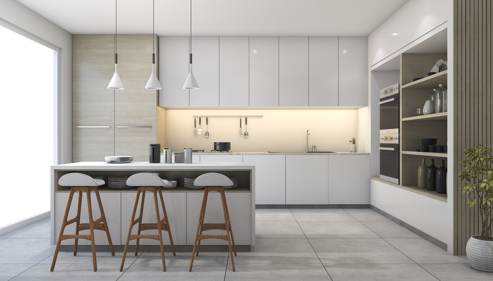 3d rendering white modern design kitchen with lamp