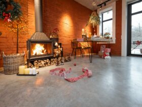 Festively decorated fireplace area of the house