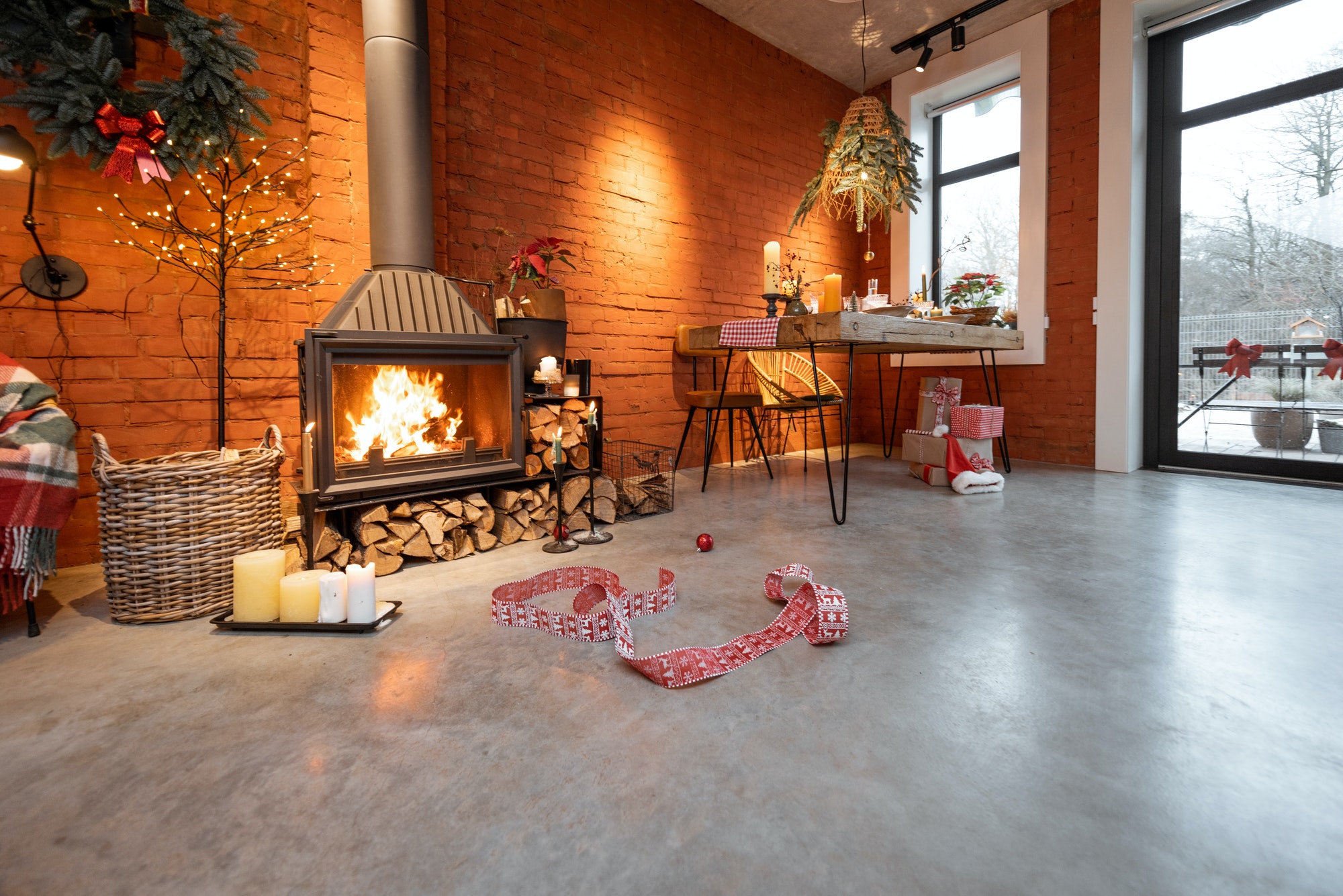 Festively decorated fireplace area of the house