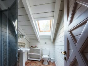 interior of bathroom in modern cottage house