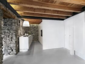 Interiors of a Modern Kitchen with Stone Wall and Wooden Beamed Ceiling