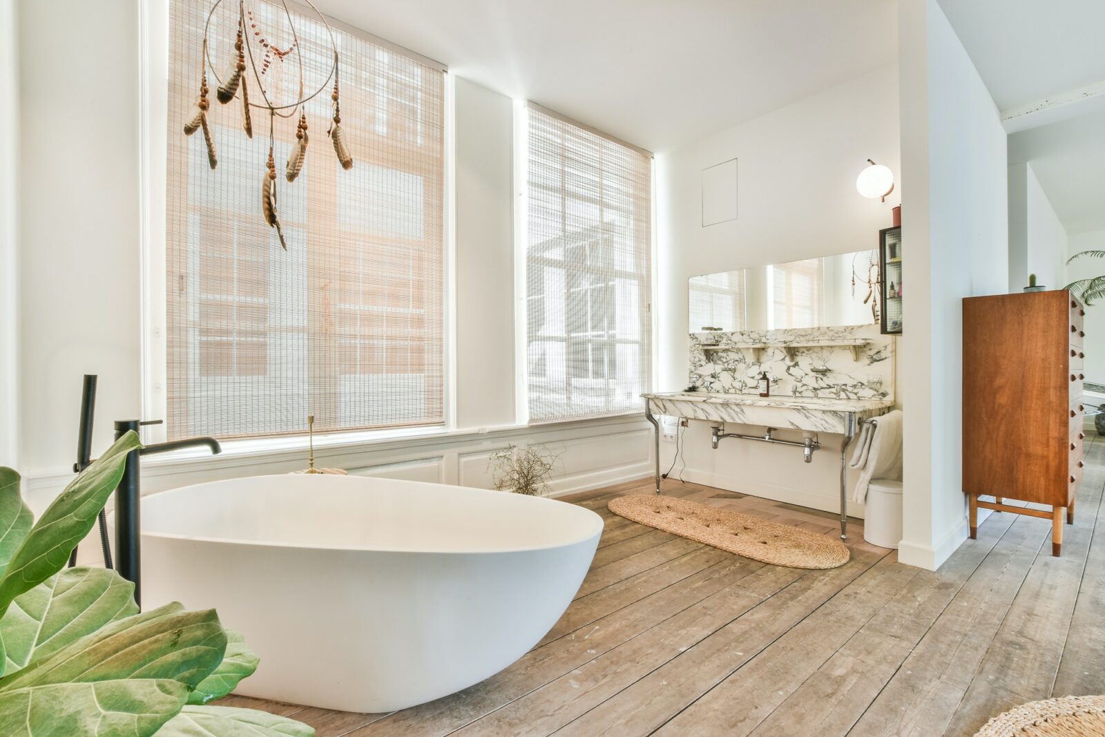 Luxury open bathroom with soaker tub