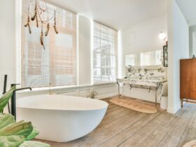 Luxury open bathroom with soaker tub