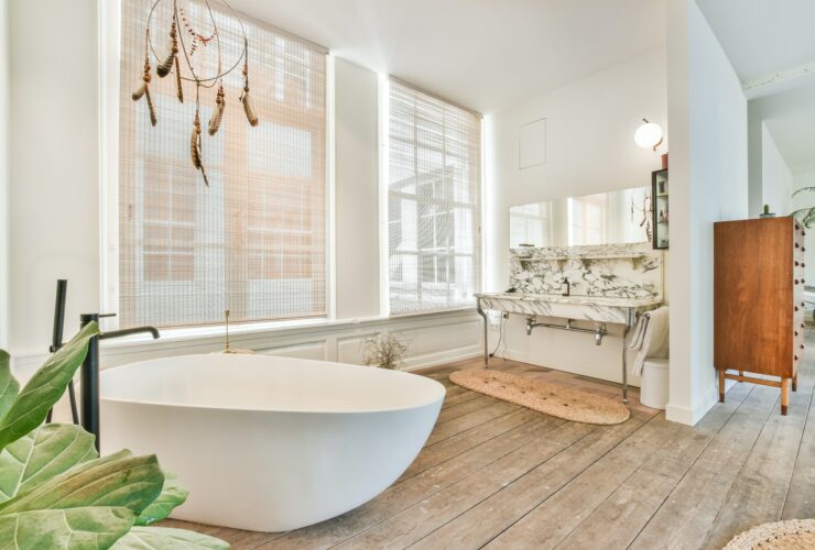 Luxury open bathroom with soaker tub