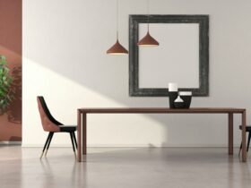Minimalist dining room with wooden table and elegant chairs