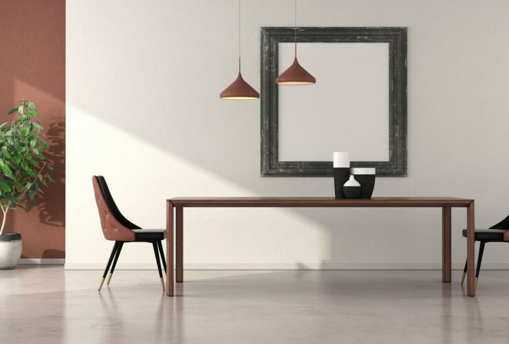 Minimalist dining room with wooden table and elegant chairs