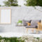 Mockup Frame On The Wall With Concrete Patio For Outdoor Living Area.
