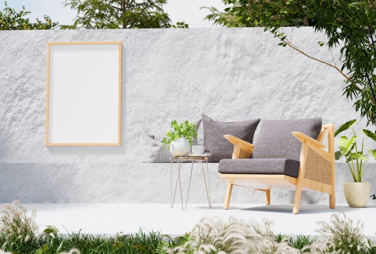 Mockup Frame On The Wall With Concrete Patio For Outdoor Living Area.
