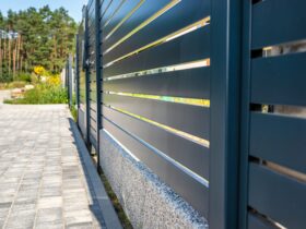 Modern panel fencing in anthracite color, visible spans and a wicket, forest in the background.