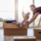 Playful couple having fun with boxes during move house