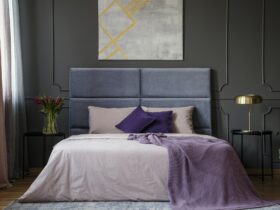 Violet elegant bedroom interior