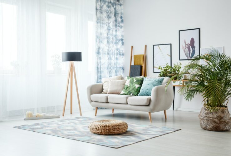 Black lamp standing by sofa