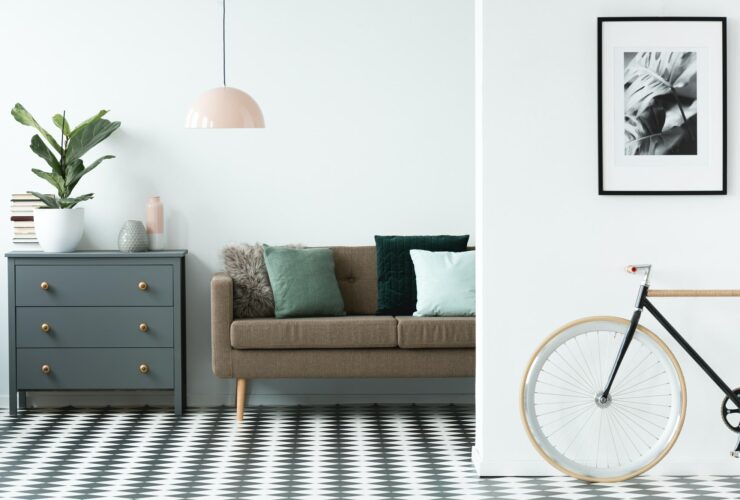 Chest of drawers next to a sofa with pillows and patterned floor