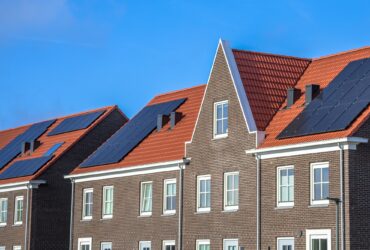 Close up of Modern row houses with solar panels