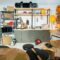 Interior of contemporary garage for rehearsals with drum kit and other stuff