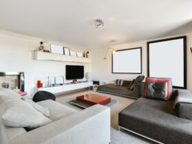 Lovely large living room with low upholstered sofas