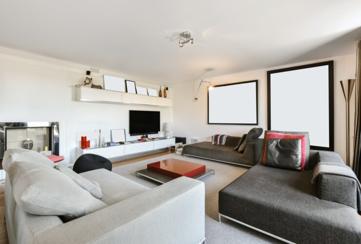 Lovely large living room with low upholstered sofas