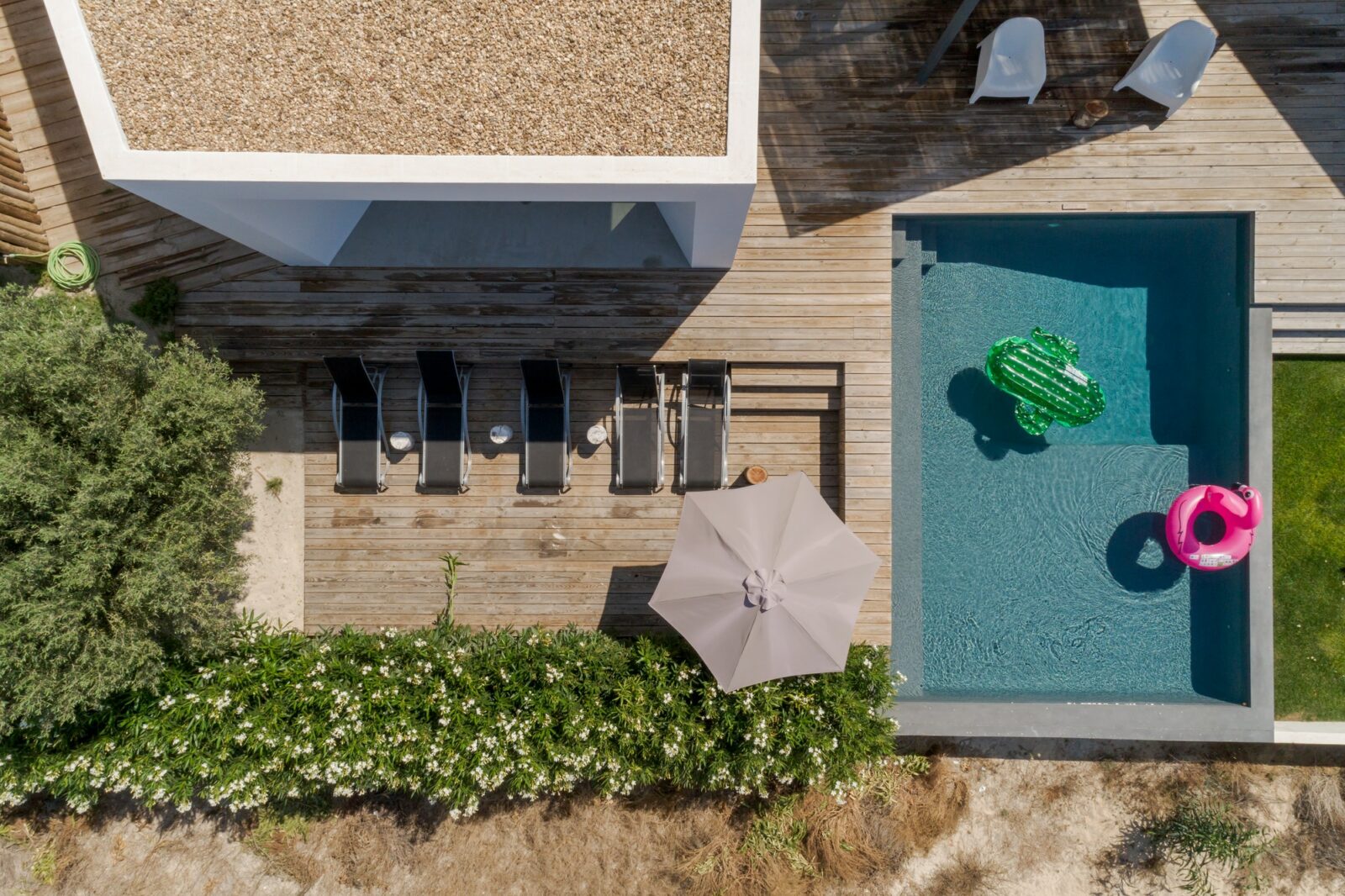 Modern house with garden swimming pool and wooden deck