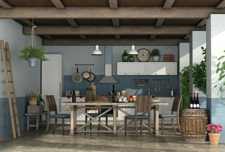 Old veranda with kitchen in rustic style