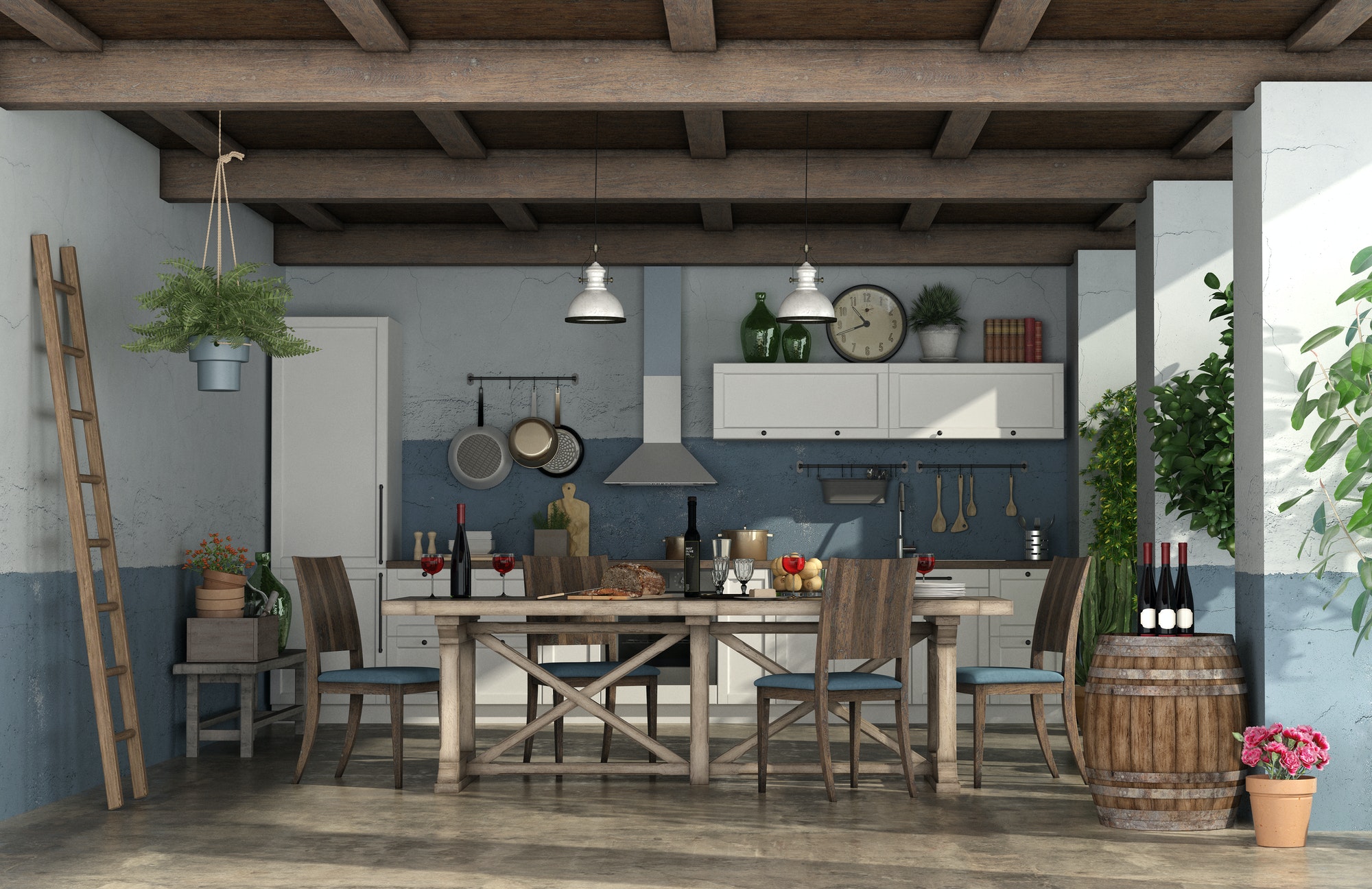Old veranda with kitchen in rustic style