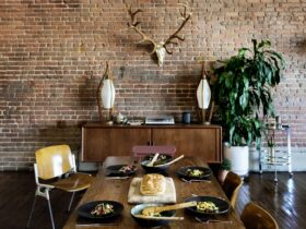 Rustic homey dining table with food