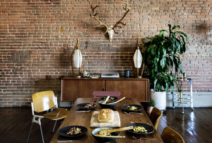 Rustic homey dining table with food