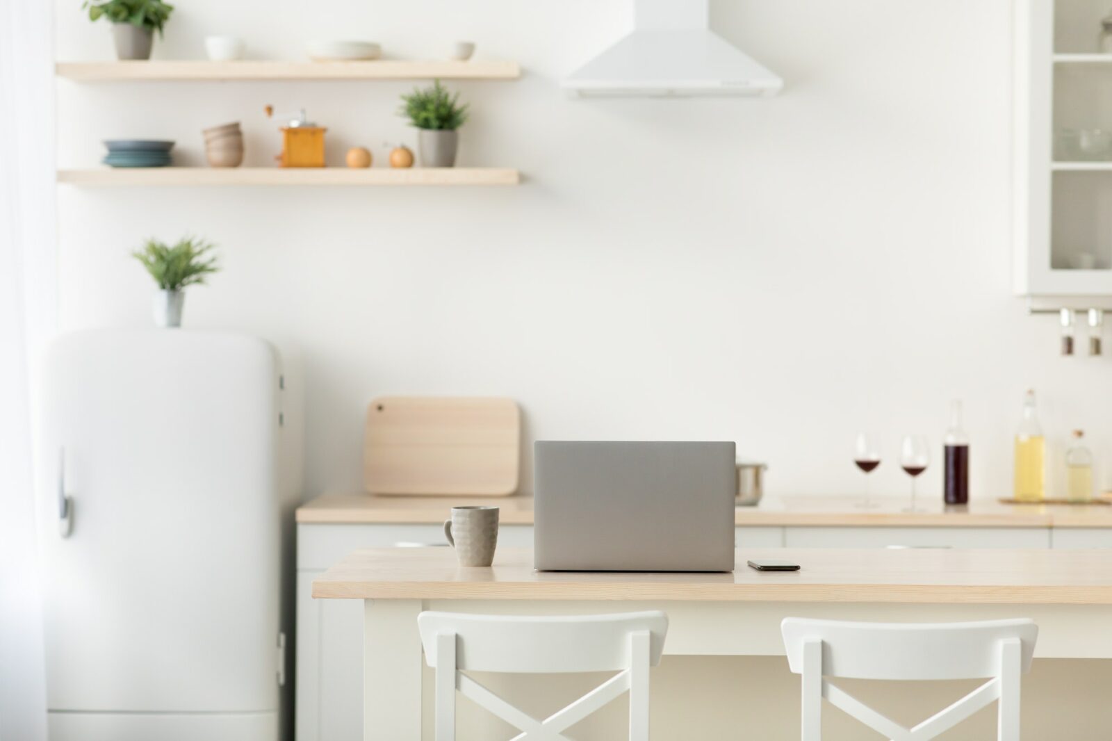 Simple interior, home office in kitchen during covid-19 quarantine