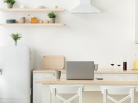 Simple interior, home office in kitchen during covid-19 quarantine