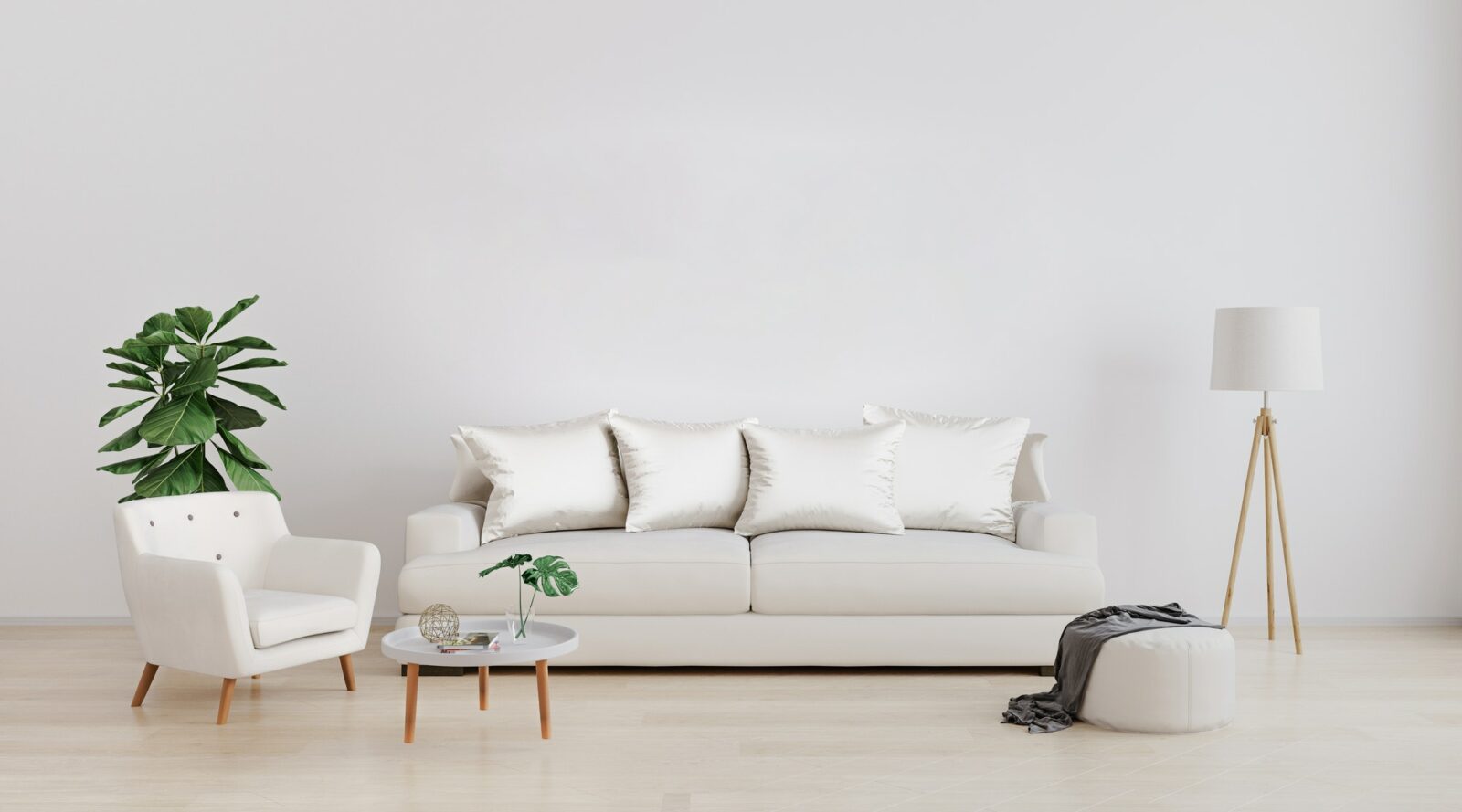 Stylish interior of bright living room with white sofa and armchair, floor lamp, plant