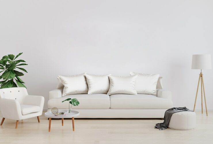 Stylish interior of bright living room with white sofa and armchair, floor lamp, plant