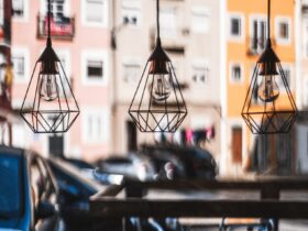 Three designer lamps, veiw from cafe