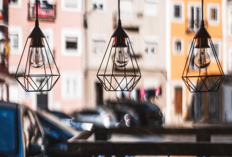 Three designer lamps, veiw from cafe