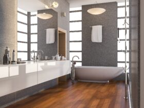 3d rendering grey stainless metal bathroom with white tile and stone til