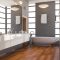 3d rendering grey stainless metal bathroom with white tile and stone til