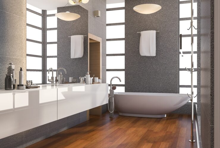 3d rendering grey stainless metal bathroom with white tile and stone til