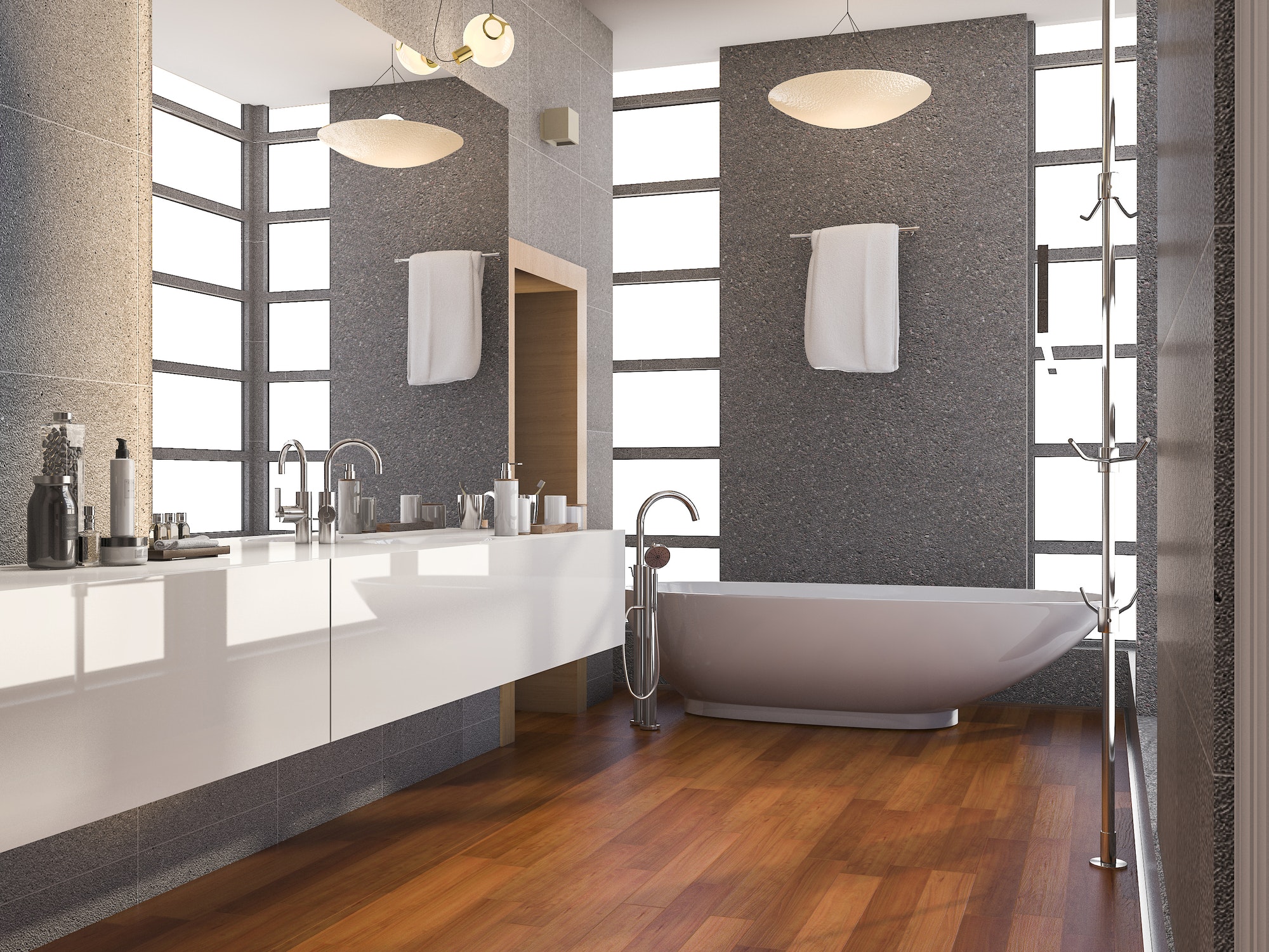 3d rendering grey stainless metal bathroom with white tile and stone til