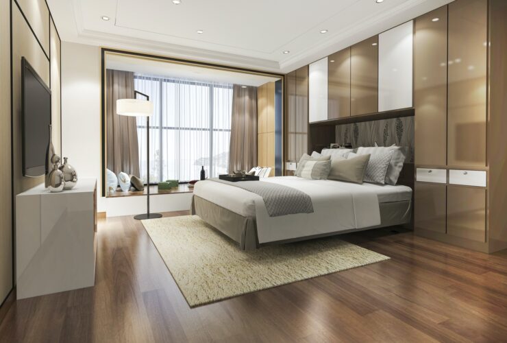 3d rendering luxury modern bedroom suite in hotel