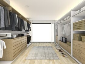 3d rendering minimal white wood walk in closet