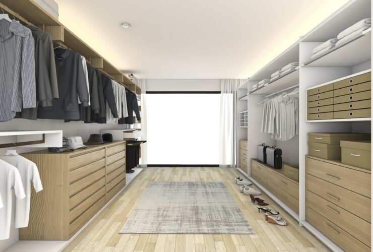 3d rendering minimal white wood walk in closet