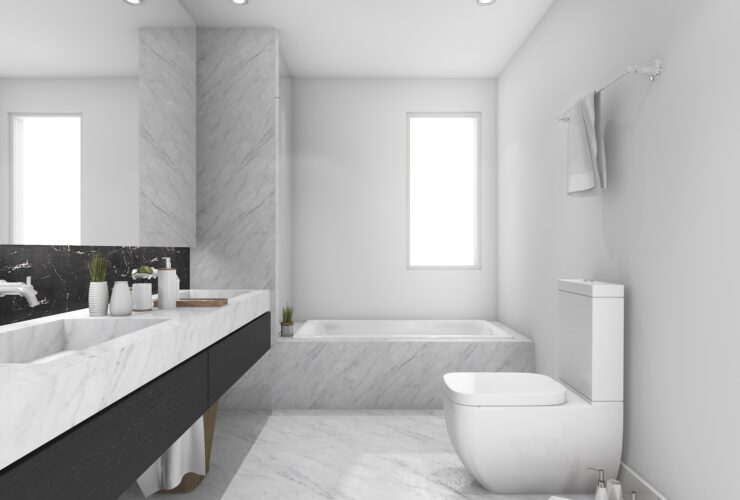 3d rendering white and black marble toilet and bathroom
