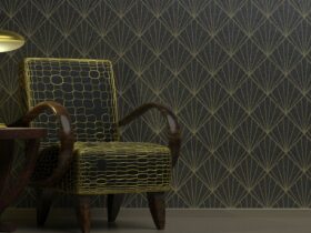 Art Deco style decoration, home interior. Classic vintage furniture on wallpaper background black