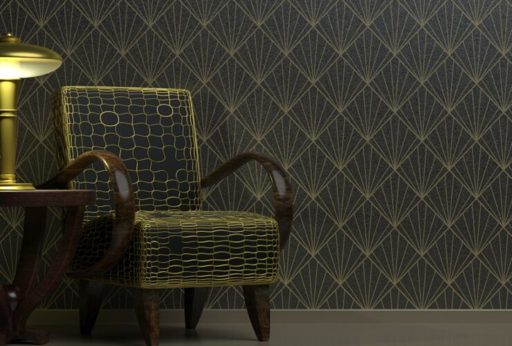 Art Deco style decoration, home interior. Classic vintage furniture on wallpaper background black