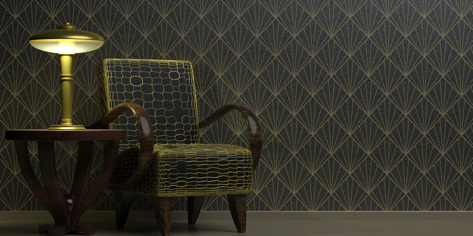 Art Deco style decoration, home interior. Classic vintage furniture on wallpaper background black