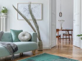 Cozy and creative composition of stylish living room interior design.
