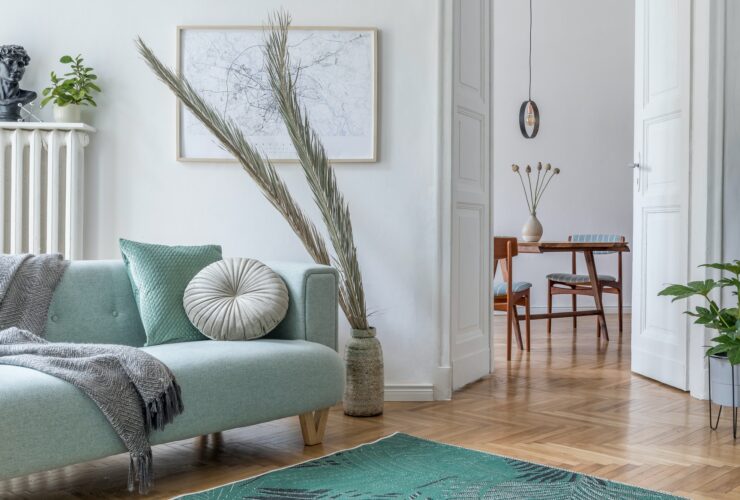 Cozy and creative composition of stylish living room interior design.