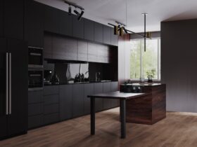Modern dark kitchen and dinning room interior with furniture and kitchenware